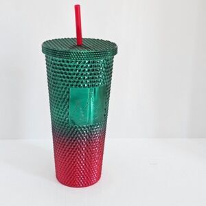 Holiday Style Diamond Tumbler Green Red Ombre Christmas Trees 23.5 oz NEW